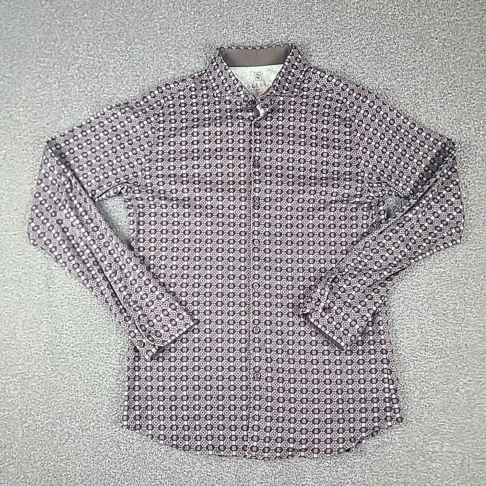 Desoto Jersey Shirt Men’s Long Sleeve Button Up Stretch Maroon Red Med Geometric